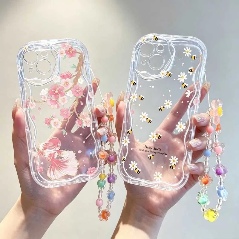 かわいい笑顔のミツバチと花のデザインが施された、Motoro - Cute Cartoon Wrist Strap Silicone Case のレビューと価格